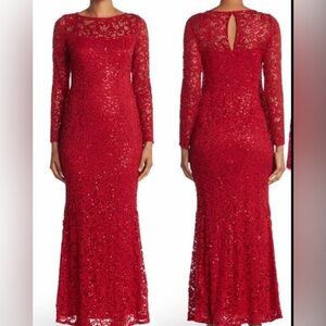 Marina Evening Dress Women’s 6 Coral Lace Sequin Long Sleeve Illusion Neckline